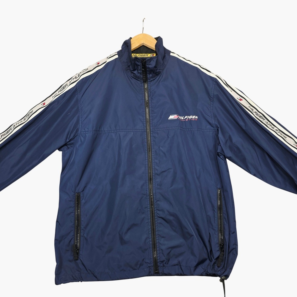 Vintage Tommy Hilfiger Athletics Windbreaker Jacket Navy Blue Mens S Logo Tape - Picture 2 of 9